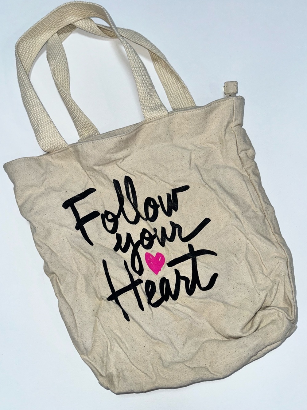 Bath & Body Works Natural Canvas Tote with Black Script and Pink Heart